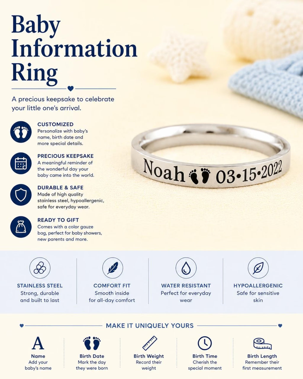 Baby Stats Personalized Ring