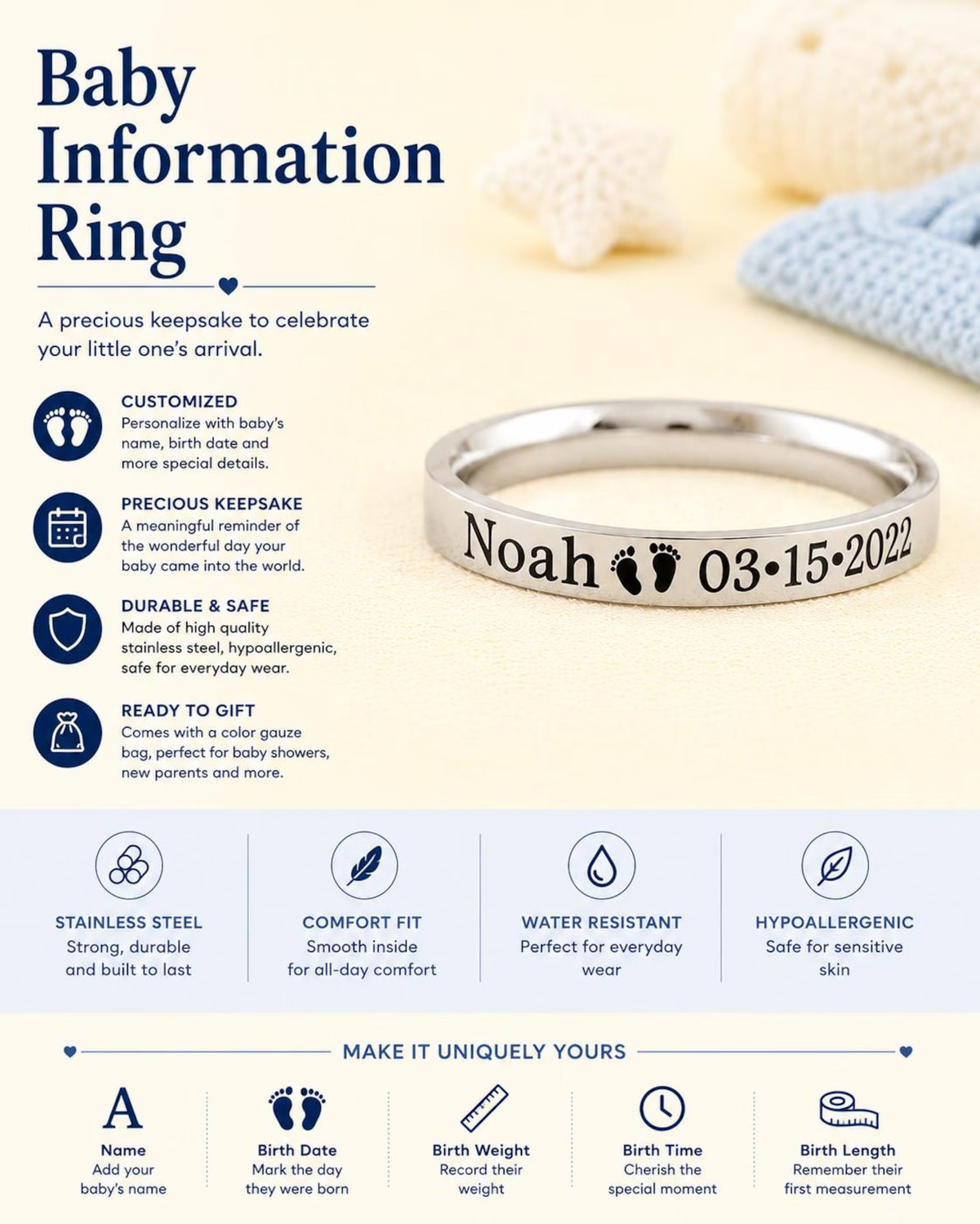 Baby Stats Personalized Ring