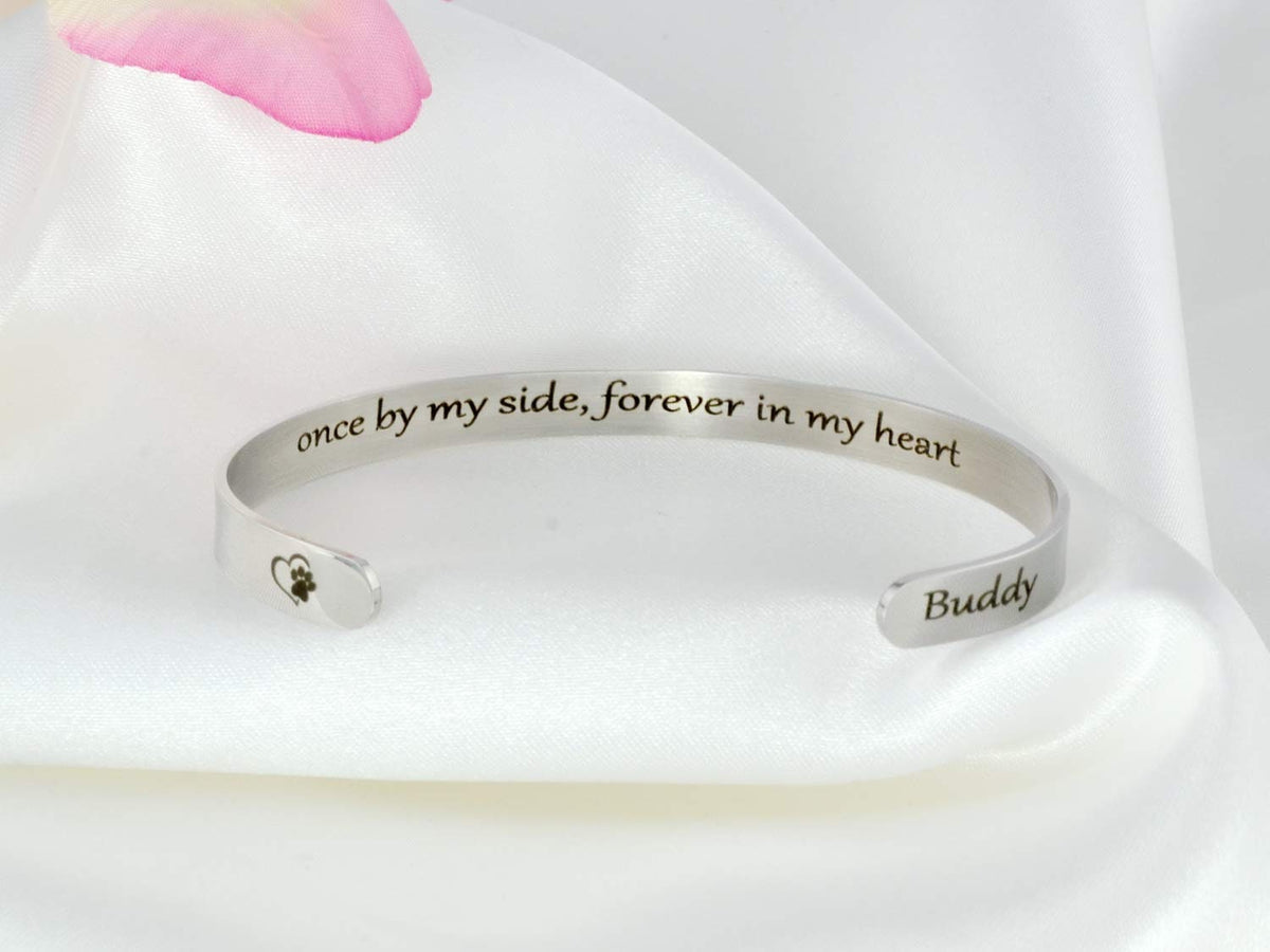 Once by My Side, Forever in My Heart - Secret Message Stainless Steel Cuff Bracelet, Customized Engraved Pet Memorial Name, Pets Owner Gift