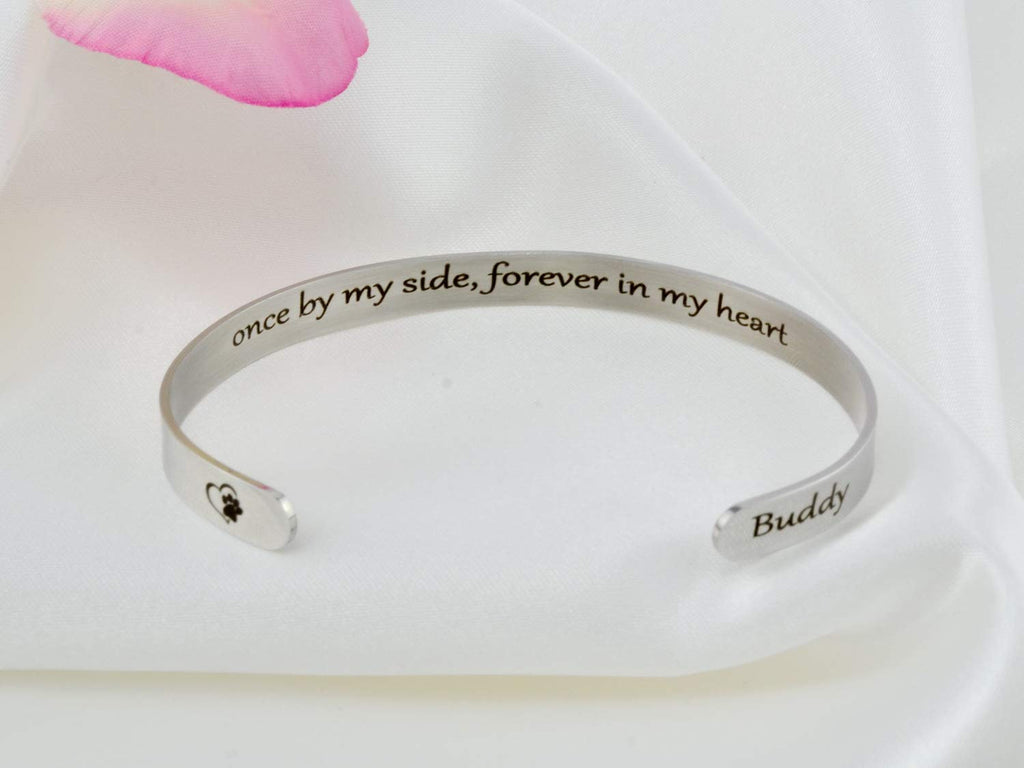 Once by My Side, Forever in My Heart - Secret Message Stainless Steel Cuff Bracelet, Customized Engraved Pet Memorial Name, Pets Owner Gift
