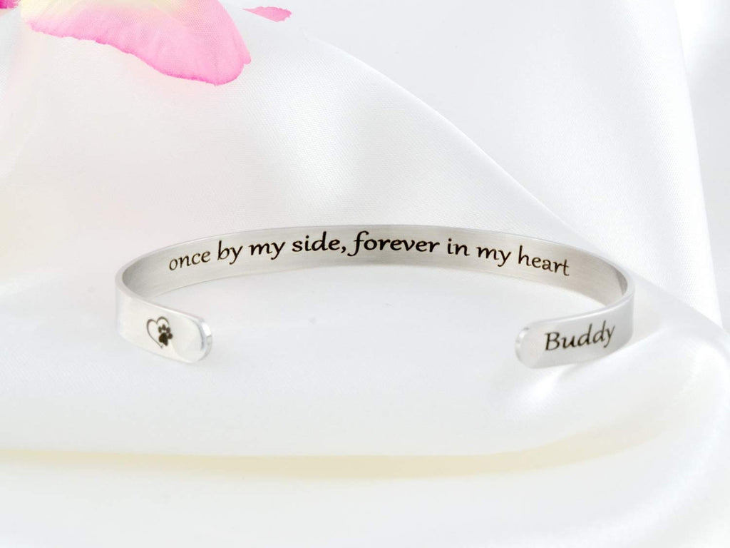 Once by My Side, Forever in My Heart - Secret Message Stainless Steel Cuff Bracelet, Customized Engraved Pet Memorial Name, Pets Owner Gift