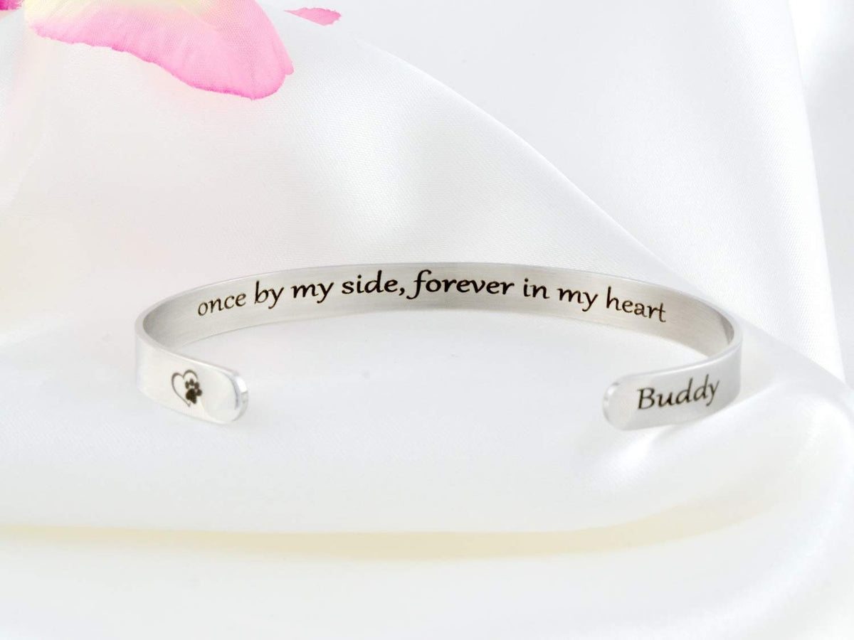 Once by My Side, Forever in My Heart - Secret Message Stainless Steel Cuff Bracelet, Customized Engraved Pet Memorial Name, Pets Owner Gift