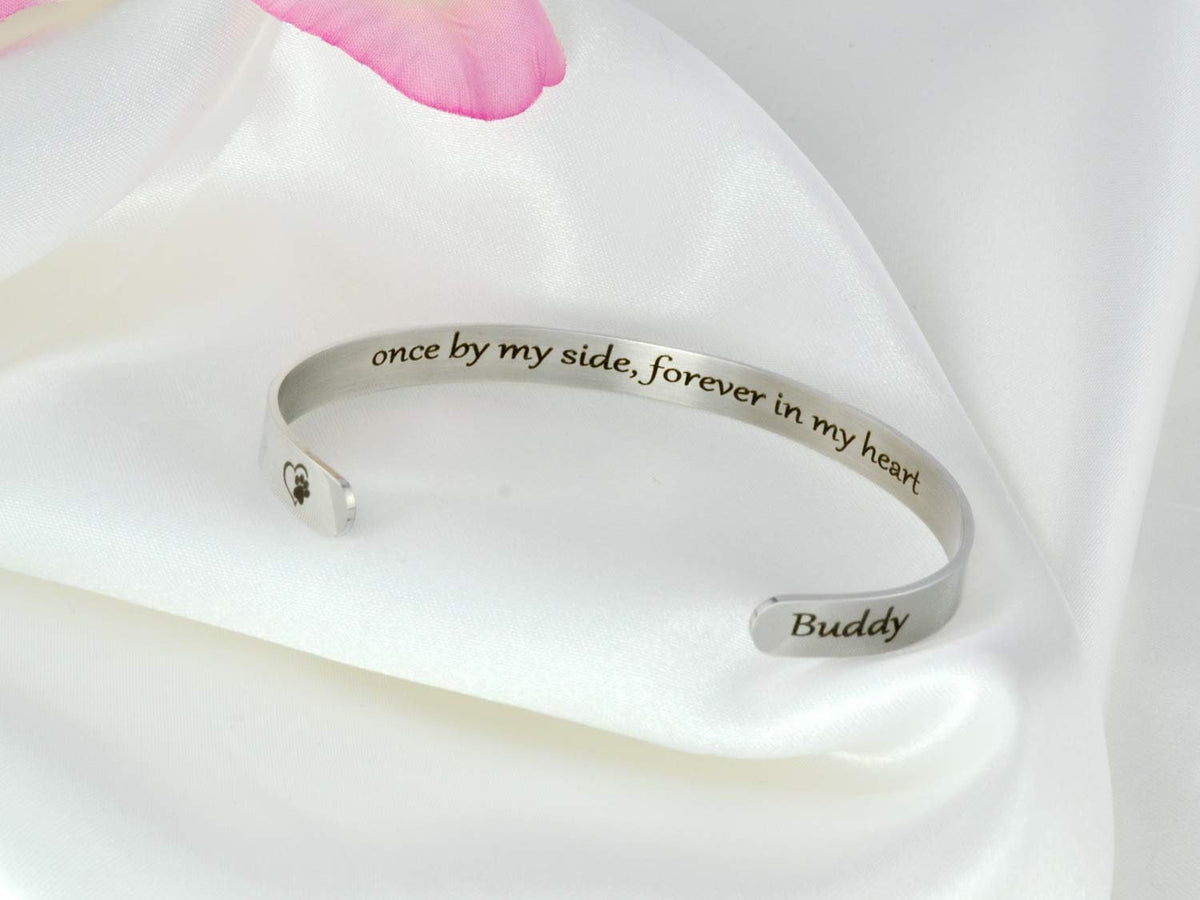 Once by My Side, Forever in My Heart - Secret Message Stainless Steel Cuff Bracelet, Customized Engraved Pet Memorial Name, Pets Owner Gift