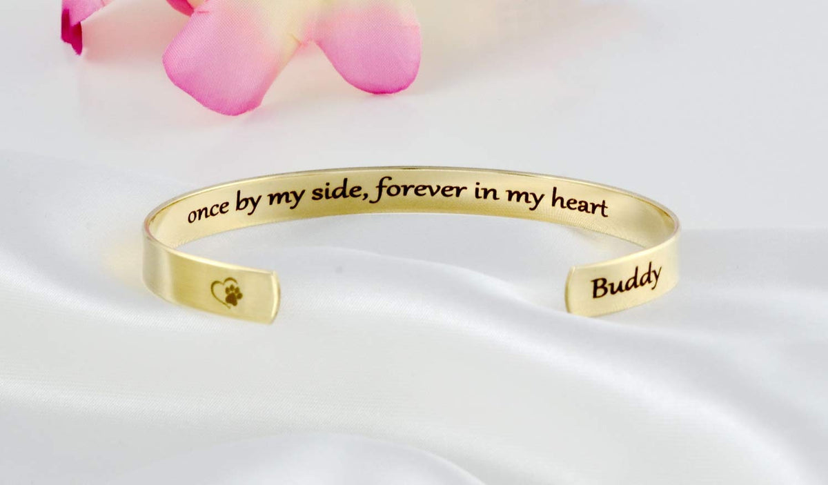 Once by My Side, Forever in My Heart - Secret Message Stainless Steel Cuff Bracelet, Customized Engraved Pet Memorial Name, Pets Owner Gift