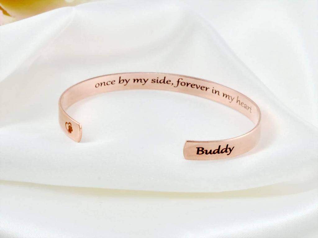 Once by My Side, Forever in My Heart - Secret Message Stainless Steel Cuff Bracelet, Customized Engraved Pet Memorial Name, Pets Owner Gift