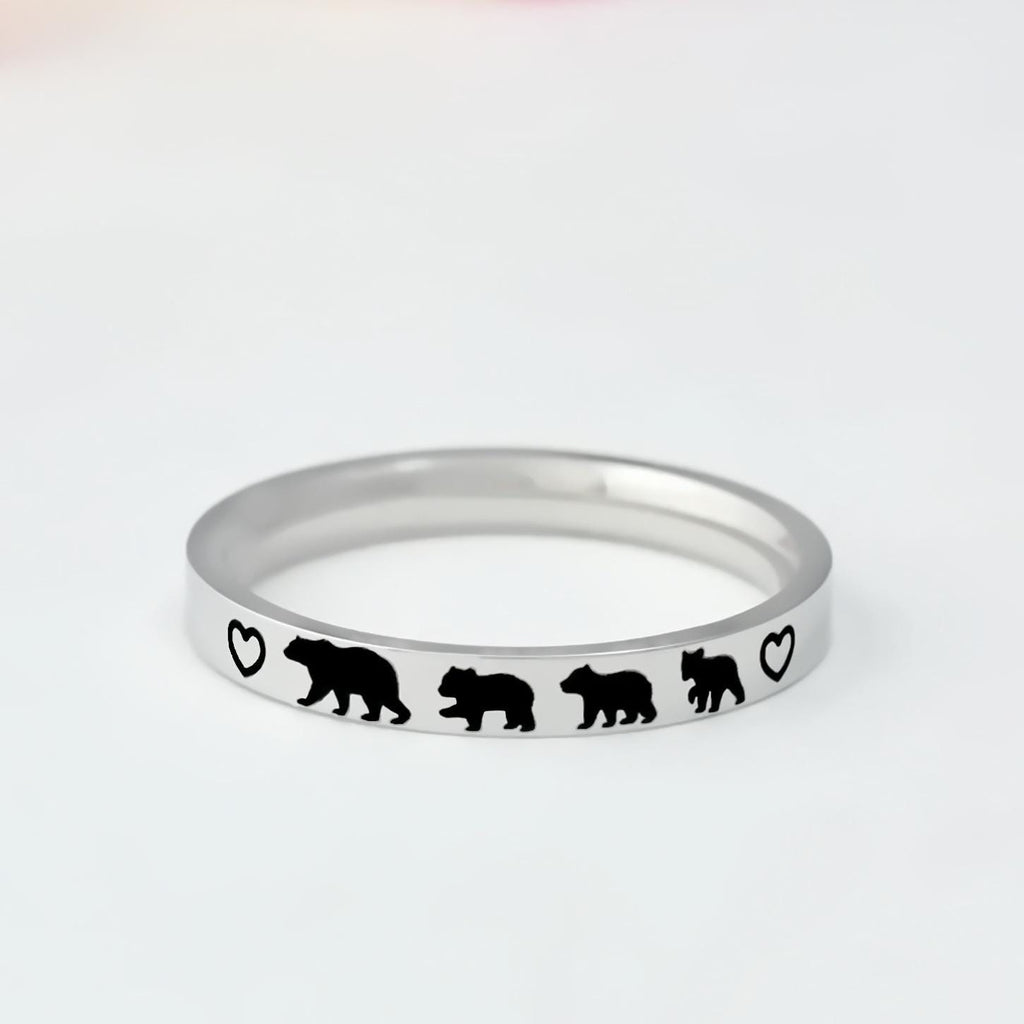 Mama Bear Family Ring, Custom Stainless Steel Band, Mama Bear and Cub Symbols, Personalized Mom Gift, Mother Daughter Jewelry