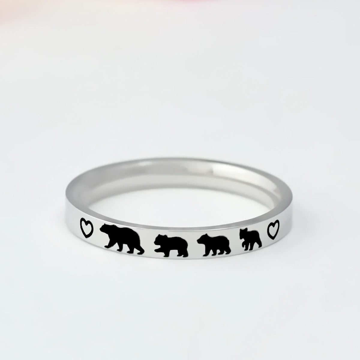 Mama Bear Family Ring, Custom Stainless Steel Band, Mama Bear and Cub Symbols, Personalized Mom Gift, Mother Daughter Jewelry