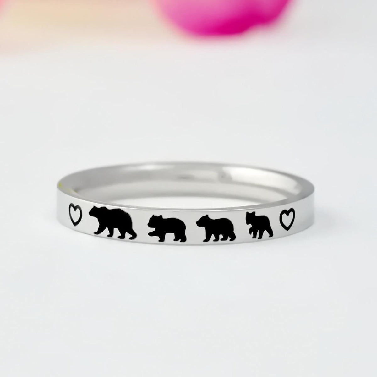 Mama Bear Family Ring, Custom Stainless Steel Band, Mama Bear and Cub Symbols, Personalized Mom Gift, Mother Daughter Jewelry