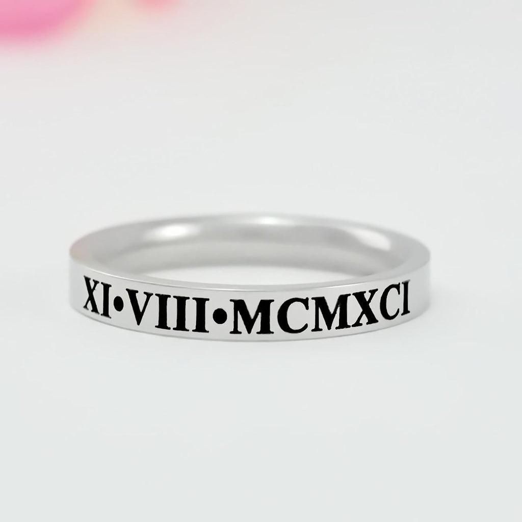 Roman Numeral Date Ring, Custom Stainless Steel Band, Personalized Date Ring Gift for Sisters, Friends, Valentines, Mother’s Day