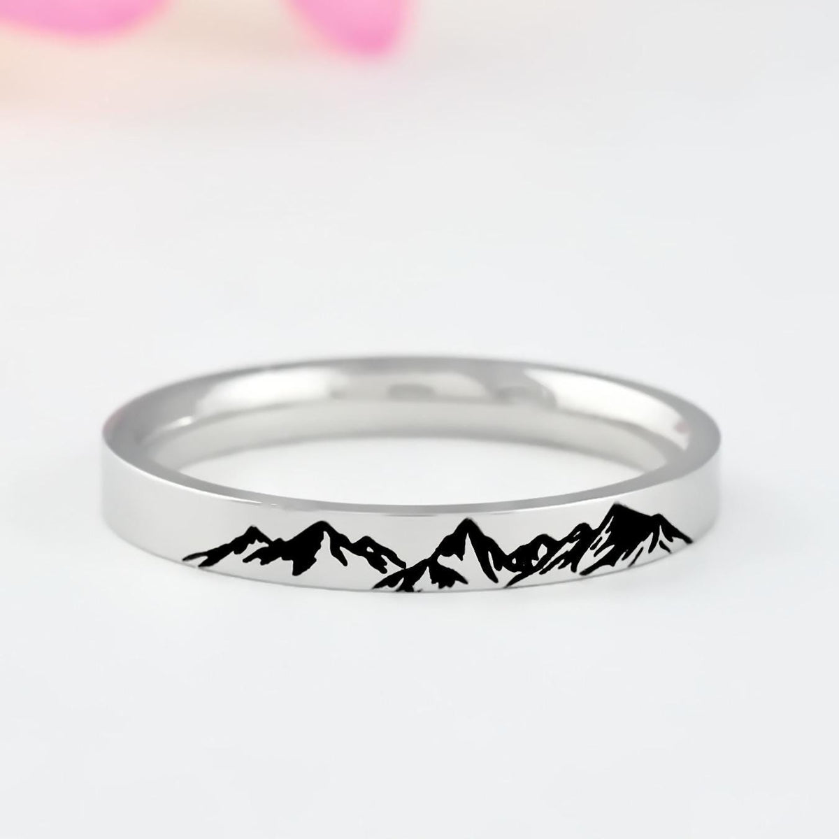 Mountain Ring – Stainless Steel Band Ring with Mountains Design, Outdoor Adventure Jewelry, Hiking Travel Nature Wanderlust Gift
