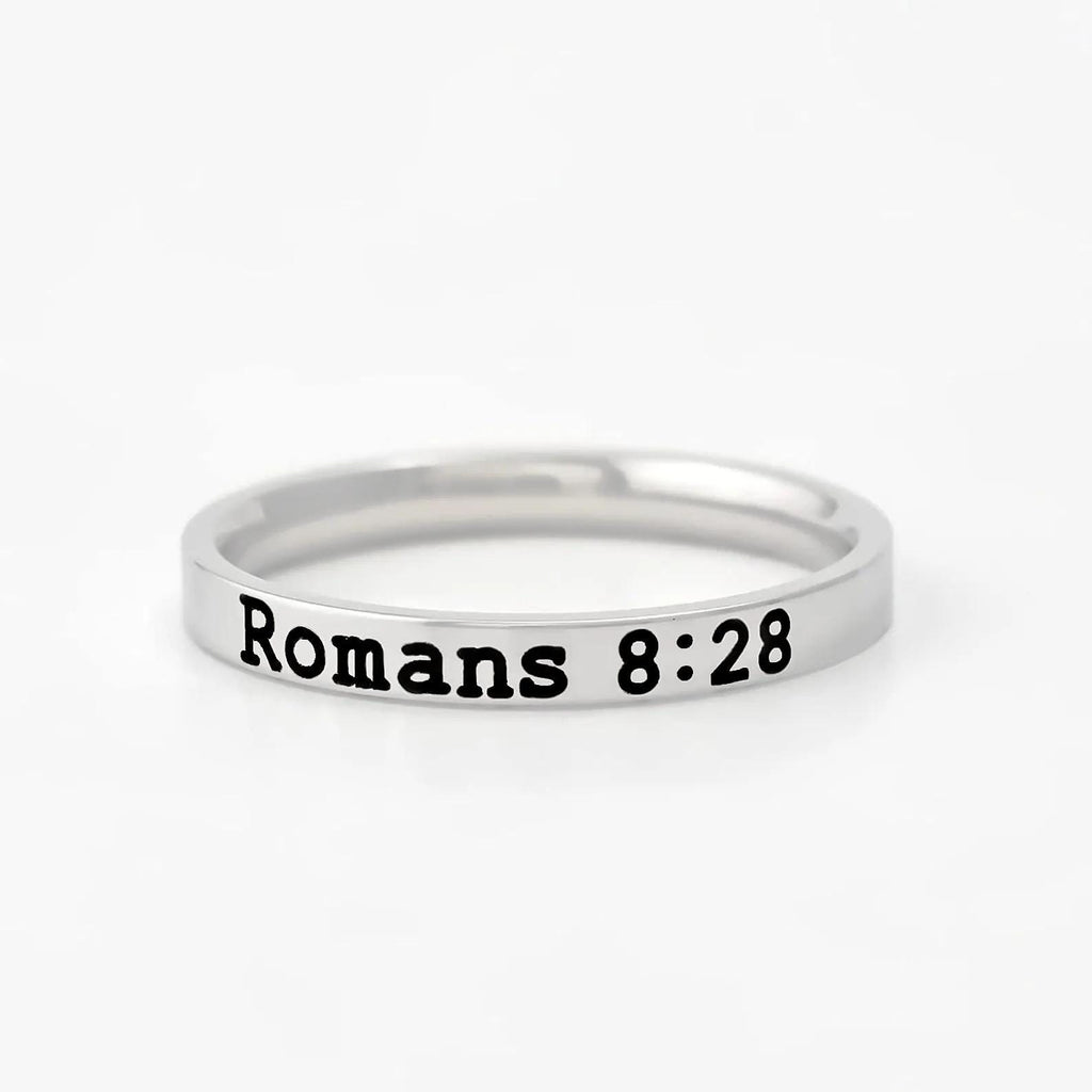 Romans 8:28 Bible Verse Ring – Dainty Stainless Steel Scripture Ring, Christian Jewelry Gift, All Things Work Together for Good